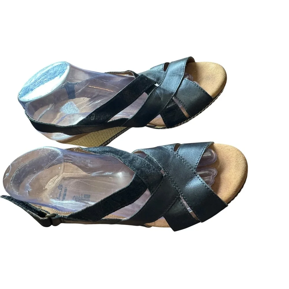 Clarks Wedge Sandals Women 9 Black Excellent Strappy Slingback Cushion Soft